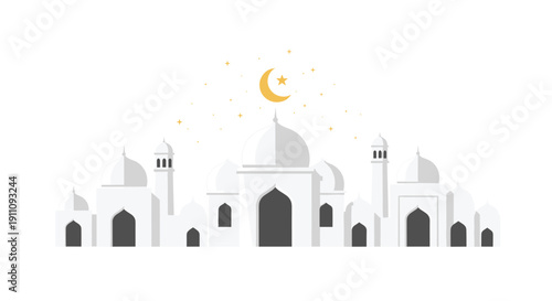 White mosque silhouette with multiple domes and grey entrances topped by a yellow crescent moon and stars.