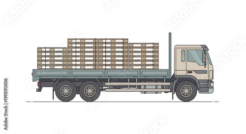 Flatbed Truck Carrying Stacks Of Wooden Pallets For Delivery Transportation And Logistics
