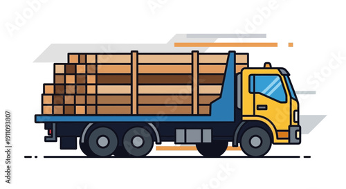 Flatbed Truck Carrying Lumber Delivering Building Materials For Construction