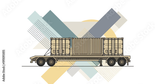 Flatbed Truck Carrying Shipping Containers With Abstract Geometric Background Elements