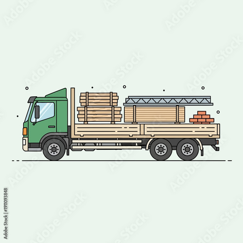 Flatbed Truck Delivering Building Materials For Construction Projects