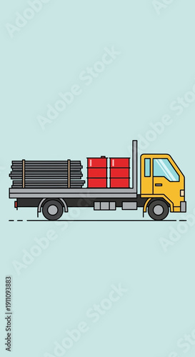 Flatbed Truck Delivering Construction Materials And Red Barrels Industrial Cargo Transport