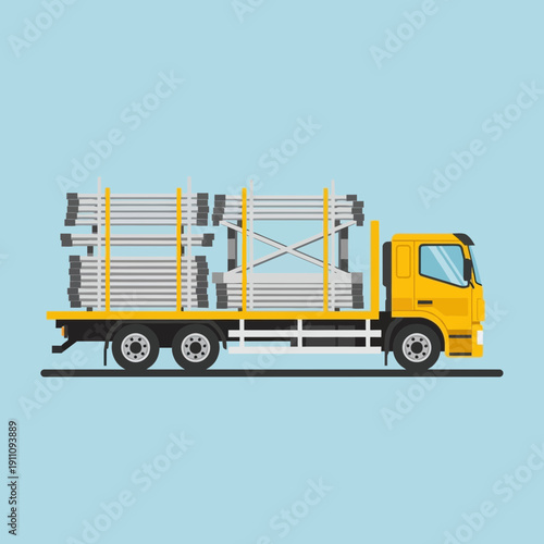 Flatbed Truck Delivering Construction Materials Across the City Landscape