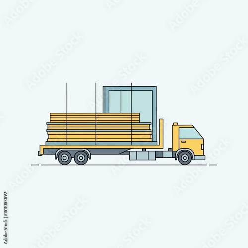 Flatbed Truck Delivering Construction Materials Building Supplies Cargo Transport Illustration