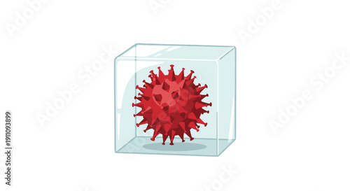 A red spiky virus particle, resembling a coronavirus, is safely contained within a clear transparent glass cube.