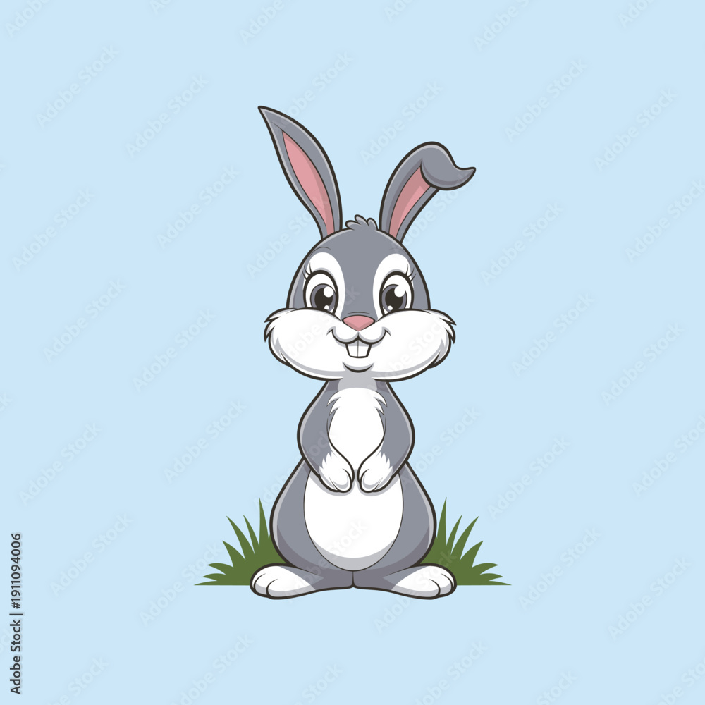 Obraz premium Grey Cartoon Bunny on Blue Background. Easter bunny Cute Cartoon Rabbit Illustration Sitting Down.