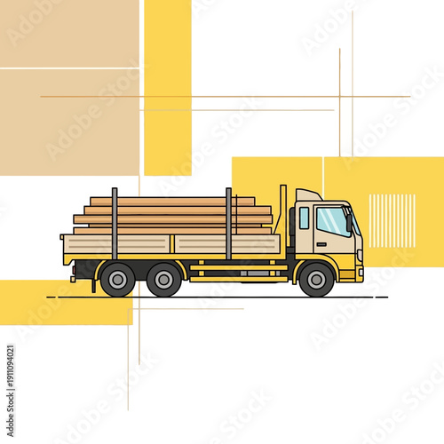 Flatbed Truck Delivering Lumber Supplies For Construction Projects