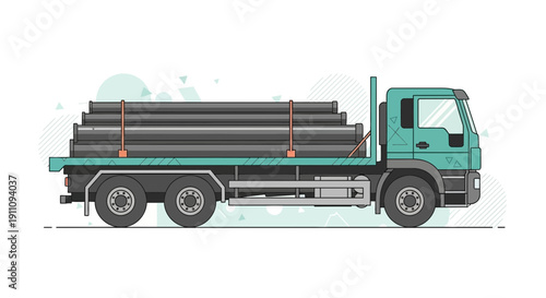Flatbed Truck Transporting Industrial Pipes For Construction Projects