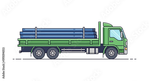 Flatbed Truck Transporting Industrial Pipes Vector Graphic