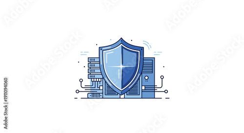 A minimalist network security concept displays multiple servers with integrated connections and a prominent central blue shield.