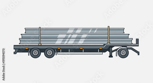 Flatbed Truck Transporting Large Steel Beams For Construction Projects