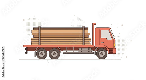 Flatbed Truck Delivering Stacked Lumber And Construction Materials