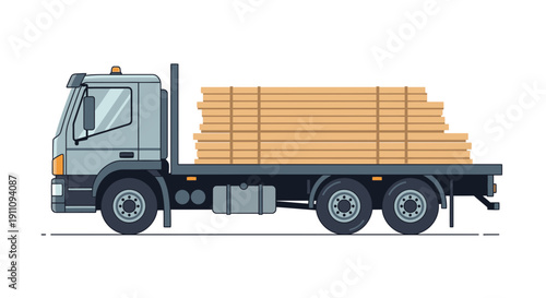Flatbed Truck Delivering Stacked Lumber On White Background