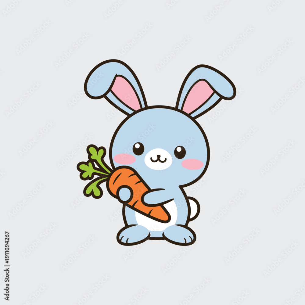 Fototapeta premium Cute White Rabbit Cartoon Character Holding a Large Orange Carrot mascot. Adorable Sitting Bunny Hugging a Giant Carrot Vector Illustration.