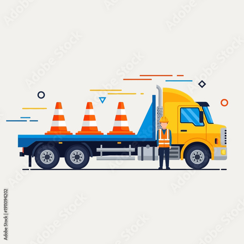 Flatbed Truck Transporting Safety Cones with Construction Worker