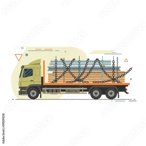 Flatbed Truck Transporting Securely Chained Construction Materials And Lumber