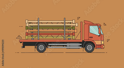 Flatbed Truck Transporting Stacked Lumber In A Stylized Illustration