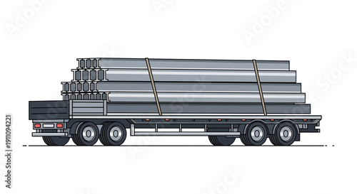 Flatbed Truck Transporting Steel Beams Construction Materials