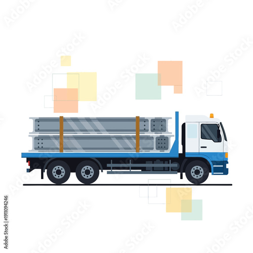 Flatbed Truck Transporting Steel Beams For Construction Projects