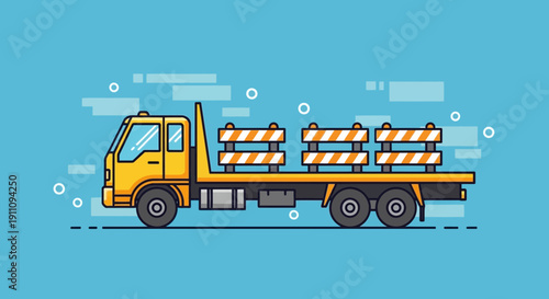 Flatbed Truck Transporting Traffic Barricades For Construction Work