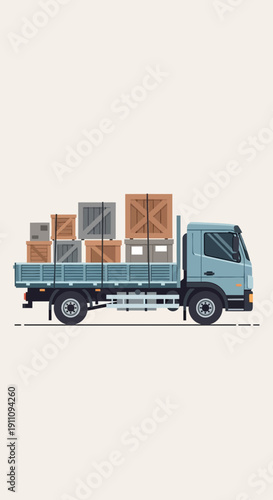 Flatbed Truck Transporting Wooden Crates And Boxes For Delivery Services
