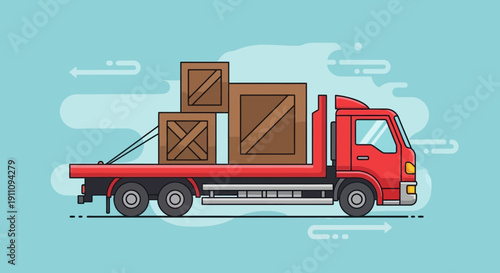 Flatbed Truck Transporting Wooden Crates For Delivery And Logistics