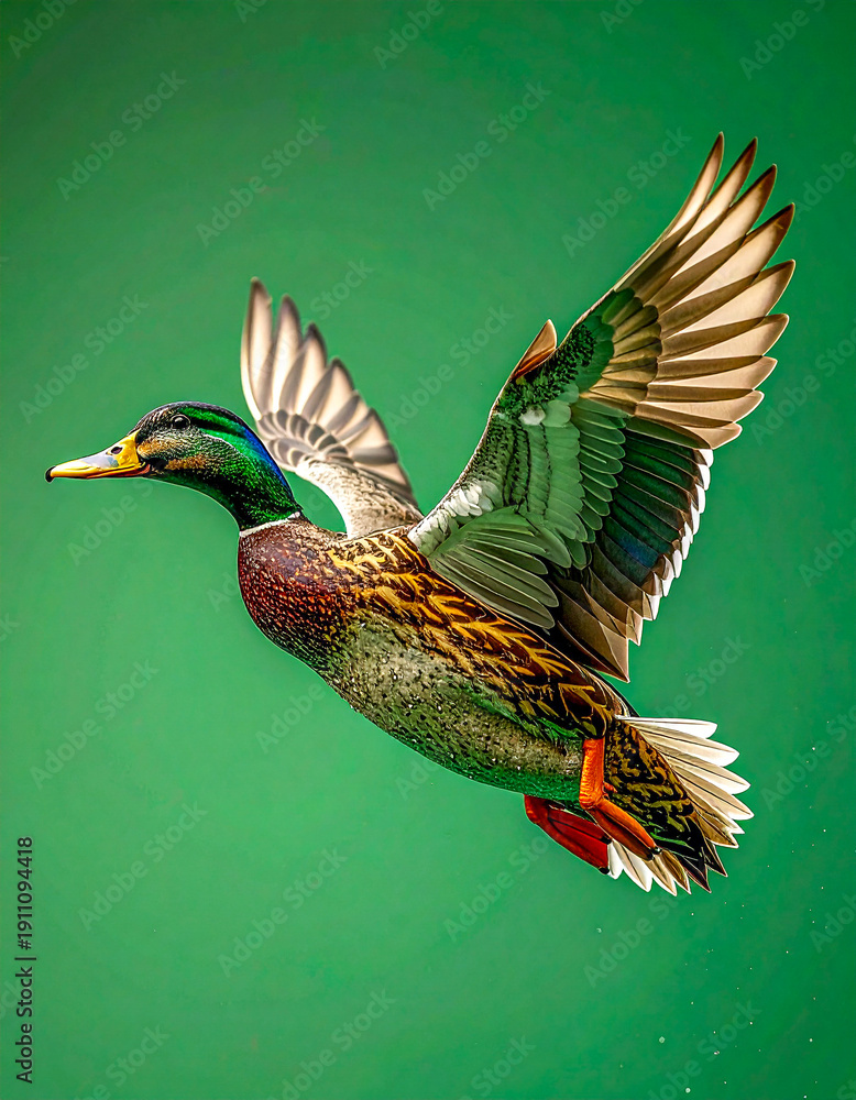 Fototapeta premium Pato salvaje volando con movimiento natural y alas extendidas sobre fondo verde uniforme chroma key, iluminación neutra y calidad 4K ideal para edición y composición.