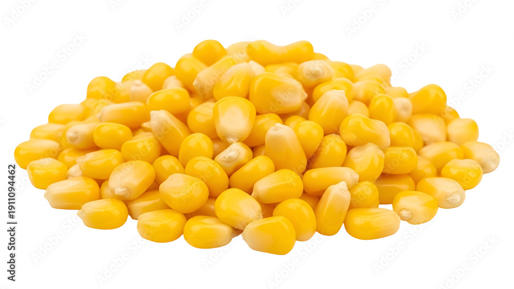 Fototapeta premium Bright yellow corn kernels in a pile isolated on transparent background