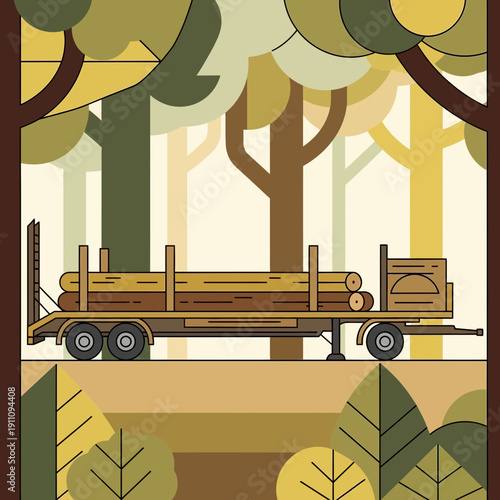Forest Logging Truck Transporting Timber Through Autumn Woods Scenery