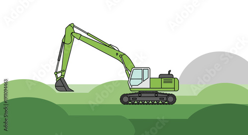 Green Excavator Machine Working On Hilly Terrain Minimalist Illustration