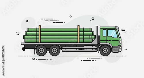 Green Flatbed Truck Delivering Large Industrial Pipes Transporting Construction Materials