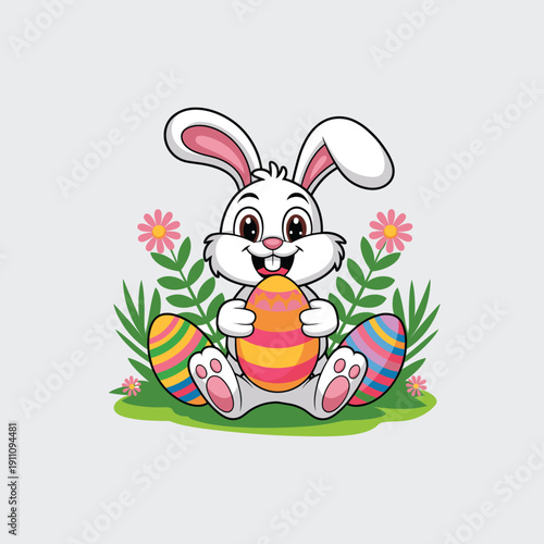 easter bunny with egg, Cute Easter Bunny Holding a Colorful Decorated Egg in a Spring Garden.