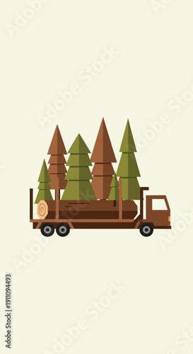Forestry Truck Transporting Logs With Evergreen Trees Landscape