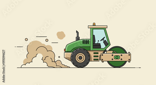 Green Road Roller Compacting Dirt Creating Dust Clouds During Construction Work