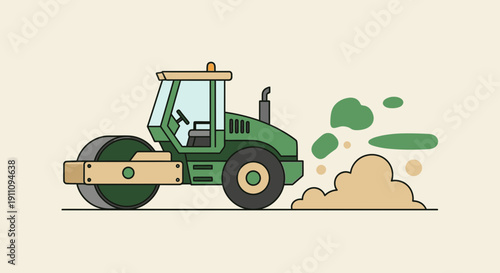 Green Road Roller Compacting Ground With Dust And Debris