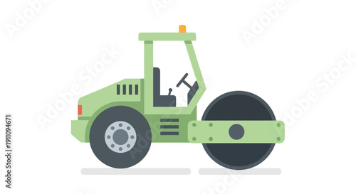 Green Road Roller Machine Isolated On White Background Flat Design Construction Vehicle