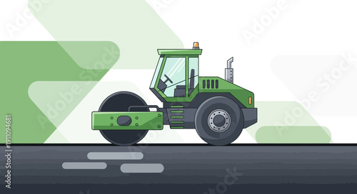 Green Road Roller Vehicle Compacting Asphalt Surface