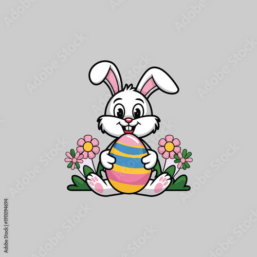 easter bunny with egg, Cute Easter Bunny Holding a Colorful Decorated Egg in a Spring Garden.