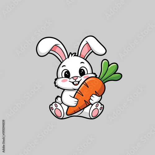 Cute White Rabbit Cartoon Character Holding a Large Orange Carrot mascot. Adorable Sitting Bunny Hugging a Giant Carrot Vector Illustration.