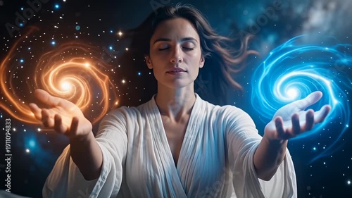 Mystical Woman Channeling Orange Blue Energy Swirls in Cosmic Galaxy Nebula Background