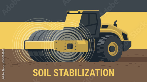 Heavy Compactor Machine Vibrating Soil For Stabilization Construction Project