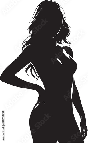 Silhouette of a woman with long hair standing confidently with one hand on her hip against a white background emphasizing fitness and beauty