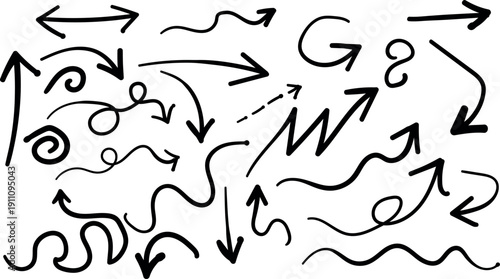 A chaotic arrangement of black arrows and squiggles on a white background