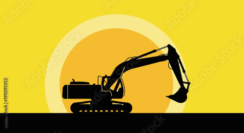 Heavy Construction Excavator Silhouette Against A Bright Sunny Horizon Background