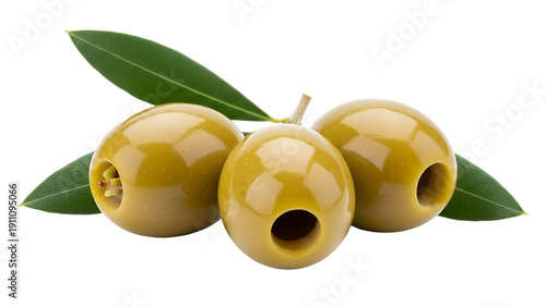 Fresh green olives with leaves isolated on transparent background