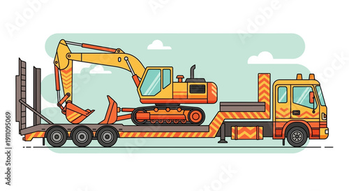 Heavy Construction Excavator Transported On A Flatbed Truck