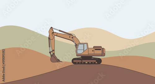 Heavy Construction Excavator Working on Hilly Terrain