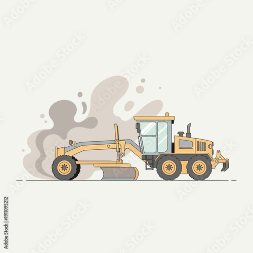 Heavy Construction Grader Machine Smoothing Ground Producing Dust Clouds