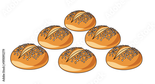 Seven freshly baked round bread rolls topped with sesame seeds, arranged in a pyramid shape on a white background.
