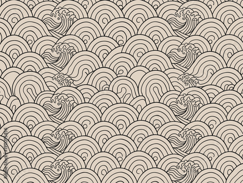 Wave, ocean, sea, water, Japanese, traditional, art, pattern, design, vector, illustration, graphic, layout, minimal, stylized, texture, motif, decorative, background, seamless